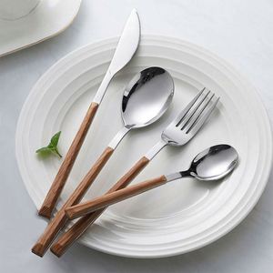 Wholesale Dinner Forks Spoon Travel Flatware <b>Set</b> Wood Grain <b>Plastic</b> Handle Gold Silverware <b>Set</b> Stainless Steel Spoon Knife Fork - Product Image 1