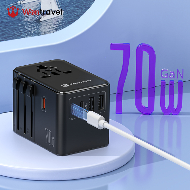 Wontravel CE/FCC Certified 70W GaN Universal Travel Adapter 6 in 1 with 3 Type-C & 2 USB Ports
