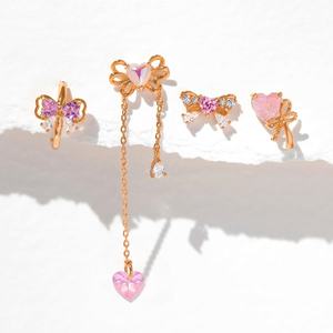 ต่างหูแฟชั่นสุดฮิต ชุดต่างหูรูปผีเสื้อ โบว์ประดับมุก พู่ห้อยรูปหัวใจสีพีช สไตล์นางฟ้า ประดับเพชรซิร์คอน ตัวเรือนทองเหลือง - Product Image 6