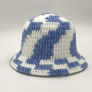 Custom colorful ladies hand made crochet fisherman cap hat Irregular chunky checkered knitted crochet bucket hat