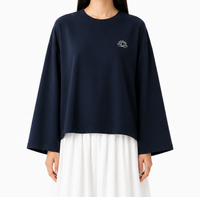 Chemisier ample et court pour femme, à manches longues, broderie lotus, manches cloche larges, coupe décontractée, bleu marine, pour usage quotidien