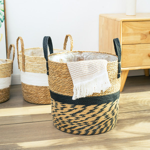 Handmade Straw Woven Storage <b>Basket</b> Round Floor Standing Indoor Outdoor Plant Pot Organizer Clothes Holder - Product Image 2