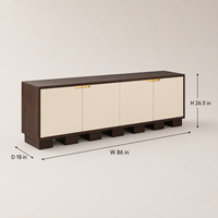 Meuble TV Console 4 Portes Panneaux Brillants Crème Cadre en Bois Foncé Poignées Dorées Console Multimédia Moderne Minimaliste pour Salon