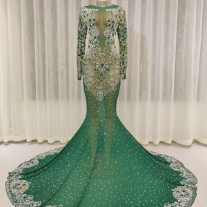 فستان زفاف فاخر مزين بالألماس، فستان حفلات فاخر بأكمام طويلة، فستان أخضر زهري بتصميم عتيق، فستان إسلامي بمقاسات كبيرة - Product Image 1