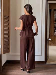 Conjunto Feminino Ecológico Sólido com Decote em V e Calças Soltas de Comprimento Total, Roupa Casual para Primavera e Verão OEM ODM - Product Image 2