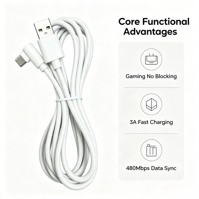 T-238 Right-Angle Type-C Cable 2A Fast Charging 480Mbps Data Sync PVC Gaming L Shape 1m-3m White for Mobile Phone