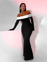 Robe longue moulante de soirée personnalisée OEM pour femme, à épaules dénudées contrastantes, manches longues et bretelles spaghetti