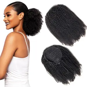 Natural indian 4C virgin cheveux afro kinky curly human hair ponytail,real kinky curly human drawstring ponytail hair extensions