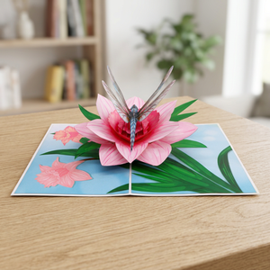 Customized Floral Origami 3D Pop-Up <b>Card</b> with Pink Flower and Dragonfly Design for <b>Graduation</b> and Home Decoration - Product Image 1