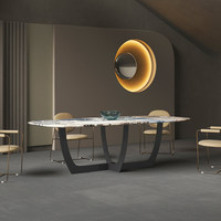 Table à manger moderne de luxe en pierre frittée durable, plateau en marbre Pandora gris veiné or, pieds en métal rectangulaires, mobilier de maison 6-8 personnes