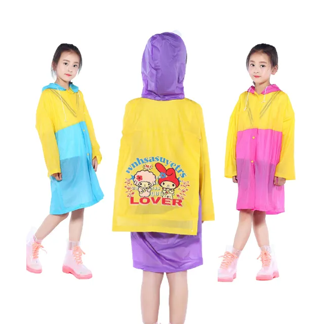 Cute Kids Disposable PVC Reusable waterproof rain coat transparent student school bag reflective customised Kids Raincoat