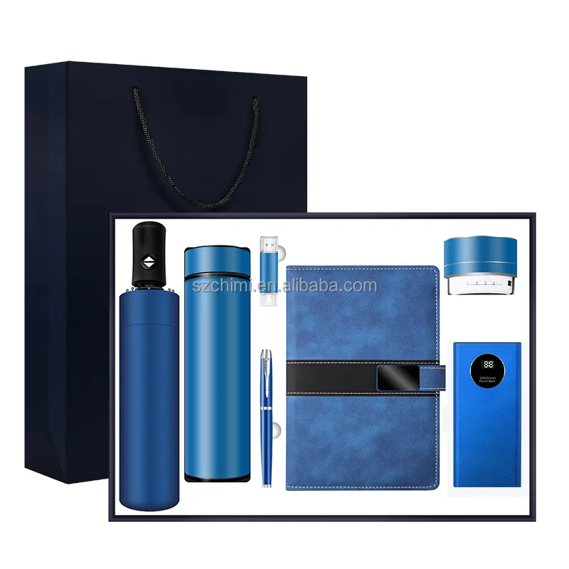 Notebook Paket Hadiah dengan Payung Pena Tampilan Suhu Vacuum Flask Usb Flash Drive Speaker Power Bank Vip Gift Set Tinggi-End