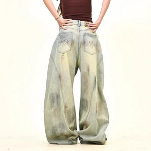 Pantalon Harem en Denim Américain Unisexe, Coupe Ample et Large, Délavé Moyen, Effet Teinture Boue Jaune, Style Urbain International, Effet Usé - Product Image 2