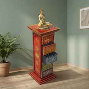 Traditional Hand-Painted Wooden Storage Cabinet Buddha Top 28x16x28cm Double Tier <b>Drawer</b> <b>Organizer</b> Eco-Friendly Multifunctional - Product Image 3