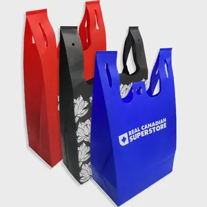 किराना सुपरमार्केट के लिए कस्टम प्रोन्नति लोगो के साथ पुनर्नवीनीकरण कस्टम पोर्टेबल दुकानदार बैग सस्ते गैर-बुना बनियान शॉपिंग बैग