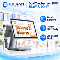 Caisse enregistreuse POS Cairan double écran 15,6 pouces ultra-mince haut de gamme avec cadre fin en métal, système d'exploitation Android, écran tactile capacitif, Bluetooth/Wi-Fi