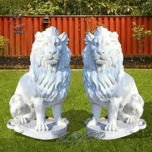 Outdoor Garden Decorative White Marble Lion Statues Hand Carved Natural Solid Animal Lion Statues
