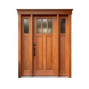 Porte d'entrée en bois massif de style artisanal américain, avec deux panneaux latéraux et un transom en verre pour laisser passer la lumière naturelle. - Product Image 1
