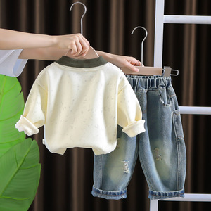 90 कपास की लंबी आस्तीन टी-ब्लू डेनिम पैंट सेट दैनिक स्टाइल प्रिंट शरद ऋतु आकस्मिक पोशाक - Product Image 4