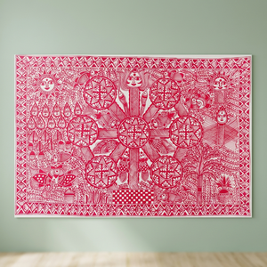 Peinture murale décorative artisanale indienne en toile, art populaire 3D complet, style Madhubani du Bihar, culture du Jharkhand, 1653 - Product Image 4