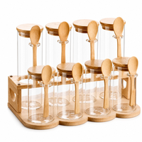 Ensemble de pots à épices en verre en bambou naturel écologique avec support à plusieurs niveaux, couvercle et cuillère, conteneur à condiments et assaisonnements pour cuisine