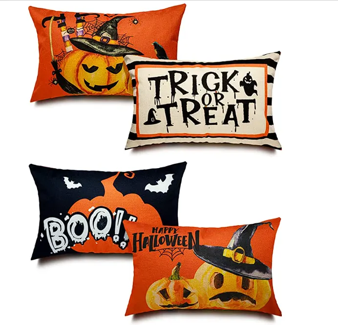 Orange Black 4 Pieces Halloween Rectangular Trick Or Treat Linen Pumpkin Decor Throw Pillow Case Cushion Covers For Home Bed