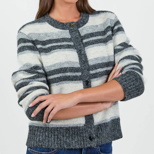 Cardigan en <span class=keywords><strong>tricot</strong></span> à rayures horizontales pour <span class=keywords><strong>femme</strong></span>, col rond, boutonnage frontal, bordure côtelée, manches longues, pull épais et moelleux décontracté pour l'automne - Product Image 3