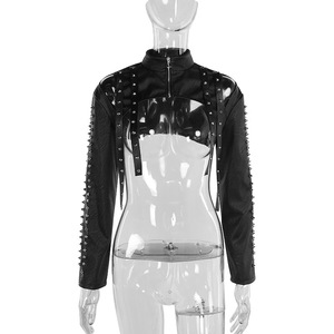 Punk Kunstleder Crop-Top Damen Frühling 2025 <span class=keywords><strong>Streetwear</strong></span> Sexy Slim Fit Nieten PU T-Shirt Top - Product Image 3