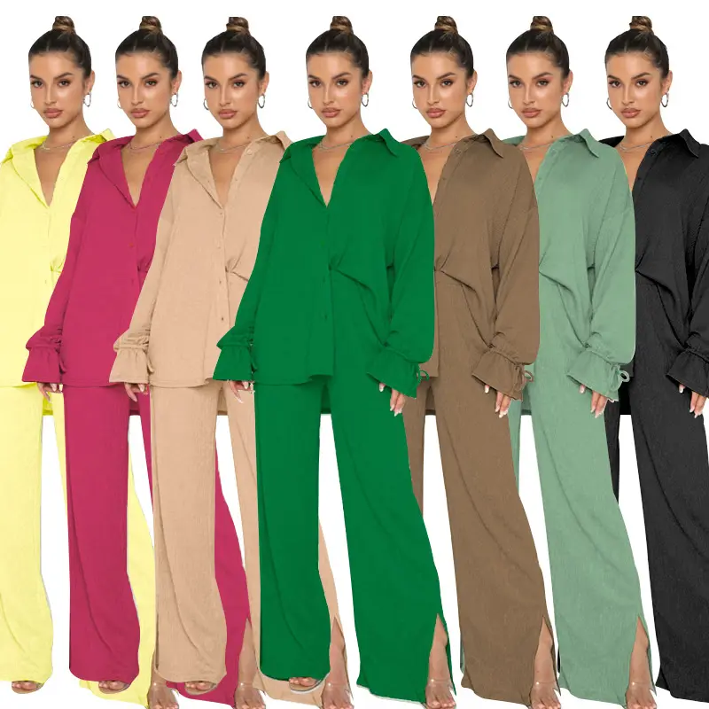 X30823 Vêtements pour femmes personnalisés ensembles 2 pièces formels blouse à manches longues de couleur unie pour femmes avec ensemble de pantalons