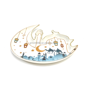 White &amp; Teal Moon &amp; Mosque Shaped Ceramic Serving Plate Porcelain Serving <strong>Iftar</strong> Refreshments <strong>Dishes</strong> Ramadan Half Moon Plates - Product Image 5