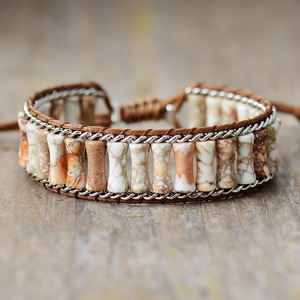 Bracelet tressé en perles d'agate orange beige, bijoux unisexes, faits à la main, style bohème - Product Image 4