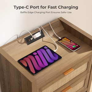 <strong>Industrial</strong> Vintage Rattan <strong>Bedside</strong> <strong>Table</strong> with 2 Drawers and Usb Charging Station for Loft Style Bedroom Furniture Nightstand - Product Image 5