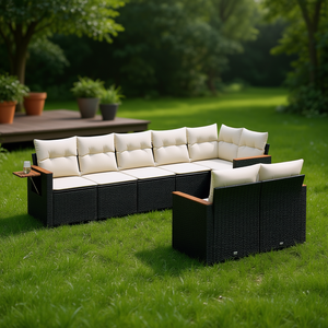Ensemble de canapés de jardin en rotin noir avec coussins crème, mobilier d'extérieur au design contemporain, résistant à l'eau et aux UV, en matériau PE - Product Image 2