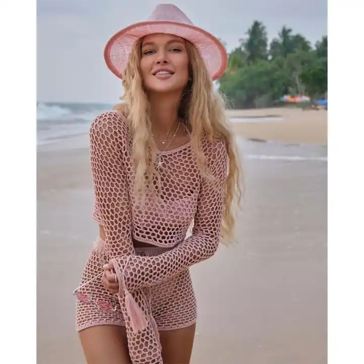 Sexy pink fishnet 2 piece swimsuit or Cover up outfit - Bralette