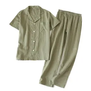 Wholesale pajamas army green-Army Green Men's Short-sleeved Trousers Pajamas Set Spring Summer Autumn Thin Cotton Double Gauze Lapel Loose Pijama Unit Hombre