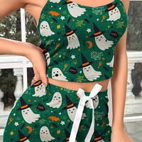 Set Pakaian Santai Wanita Model Suspender Atasan dan Celana Pendek Motif Kartun Musim Dingin, Tren Fashionable Terlaris untuk Halloween, Impor