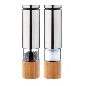 New Design Bamboo and Stainless Steel electric Salt and Pepper Mill pepper Grinder with yellow light