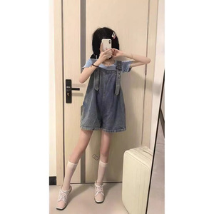 คอลเลคชั่นฤดูใบไม้ผลิฤดูร้อน2025ผ้าฝ้ายสีฟ้าอ่อนของผู้หญิงชุดเอี๊ยมยีนส์ลำลองแบบหลวมเทคนิคการซักสูง - Product Image 4