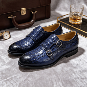 Chaussures habillées pour hommes à double boucle, en cuir véritable motif crocodile, <span class=keywords><strong>bleu</strong></span> <span class=keywords><strong>marine</strong></span>, pour <span class=keywords><strong>mariage</strong></span> et bureau - Product Image 4