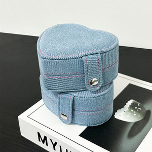 Portable en forme de coeur Denim velours bouton presse boîte de rangement motif personnalisé bijoux sac fourre-tout pour boucles d'oreilles - Product Image 5