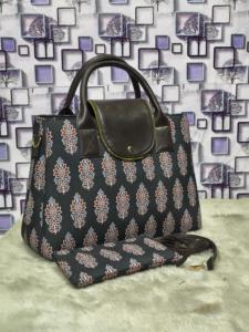 Deep Charcoal or Midnight Blue Floral Paisley Indian Ethnic Print Canvas & Cotton Twill Handbag with Matching Cosmetic Pouch - Product Image 2