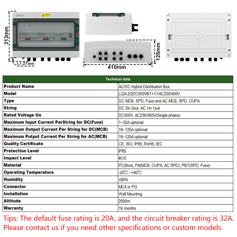CNLONQ Factory DC+AC Solar PV Combiner Box DC500V 2in 2out AC230V 1in 1out IP65 MCB, SPD, Fuse and OUPA for Solar System · image 3