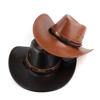 Chapeau de cowboy occidental en cuir PU de haute qualité à large bord pour hommes, avec sangle de menton réglable, idéal pour les activités de plein air, la pêche et la protection solaire.