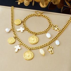 European American Style Vintage Pearl Cross Oval Plaque Saint Image Pendant Stainless Steel Set Necklace Bracelet Gift - Product Image 1