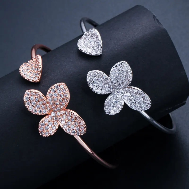 ADODO Jewelry Size Fashion Brand Brass Silver Rose Gold Open Cuff CZ Bangle Bracelet With Flower Jewelry For Women Gift