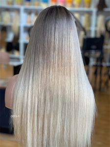 Peluca frontal completa de cabello humano europeo rubio ceniza SHY, 100% virgen, liso natural, con reflejos platino, sin pegamento, transparente para 13x4 - Product Image 6