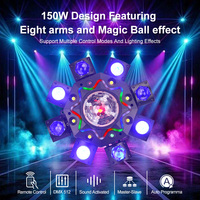 Projecteur de scène à tête mobile à huit bras, effet boule magique à lavage de couleur, 150W, avec télécommande, DMX 512, activé par le son, pour fêtes et clubs