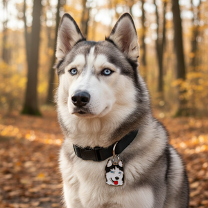 Medaglietta identificativa per cani Husky in smalto bianco e nero con occhi blu e design con lingua rossa - Product Image 3
