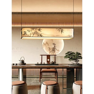 Chinese Style Bamboo <b>Leaf</b> Ink Painting Rectangle Pendant <b>Light</b> Led For Tea Room Study Restaurant Bar - Product Image 3