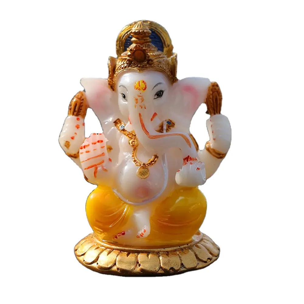 3.74 Inch Hoge Hand Schilderen Poly Steen Jade Kleur Indische God Ganesha Standbeeld Voor Auto Decor Hindoe Lord Ganesh Standbeeld